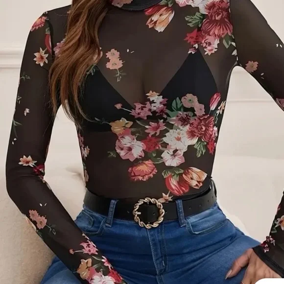 Floral mesh long sleeve top womens - Picture 1 of 8